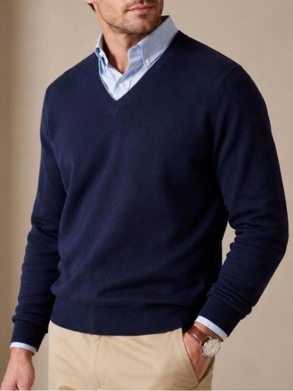 FILORO 2-Ply Cashmere Men's Classic V-Neck Sweater in Navy